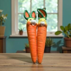 Ceramic Carrots with Rabbit Faces 5" Tall Set of 2 with Hooks to Hang